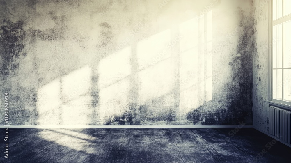 Aufkleber Minimalistic black and white interior with natural light casting shadows on the textured wall creating a serene atmosphere in an empty space