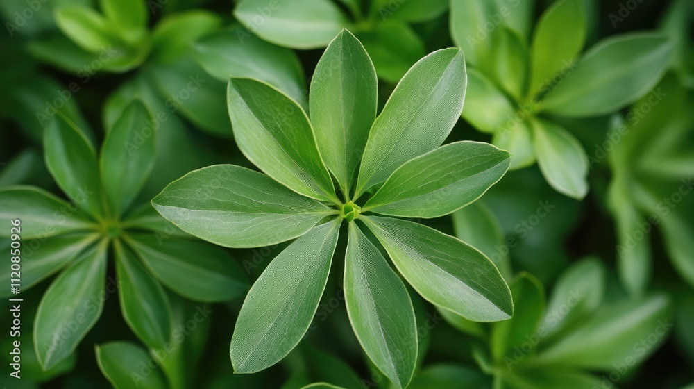 Poster close-up of vibrant green leafy foliage highlighting intricate textures and patterns in natural ligh