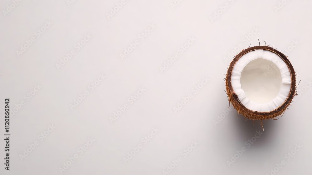 Aufkleber Half Coconut Shell Isolated on White Background with Visible Coconut Flesh and Textured Outer Shell for Culinary and Thematic Use