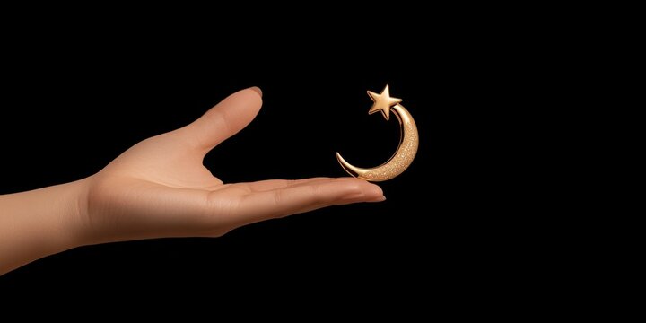 Golden Crescent Moon and Star: A delicate gold crescent moon and star rest gently in a woman's open palm against a dramatic black background.  The image evokes dreams, wishes.