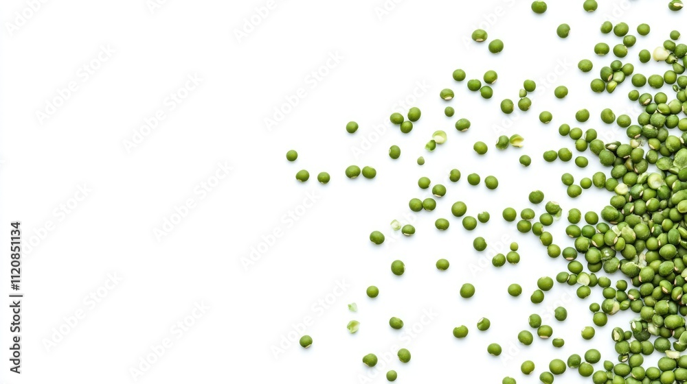Aufkleber Scattered green soybeans on a white background showcasing their natural color and texture viewed from a top-down perspective