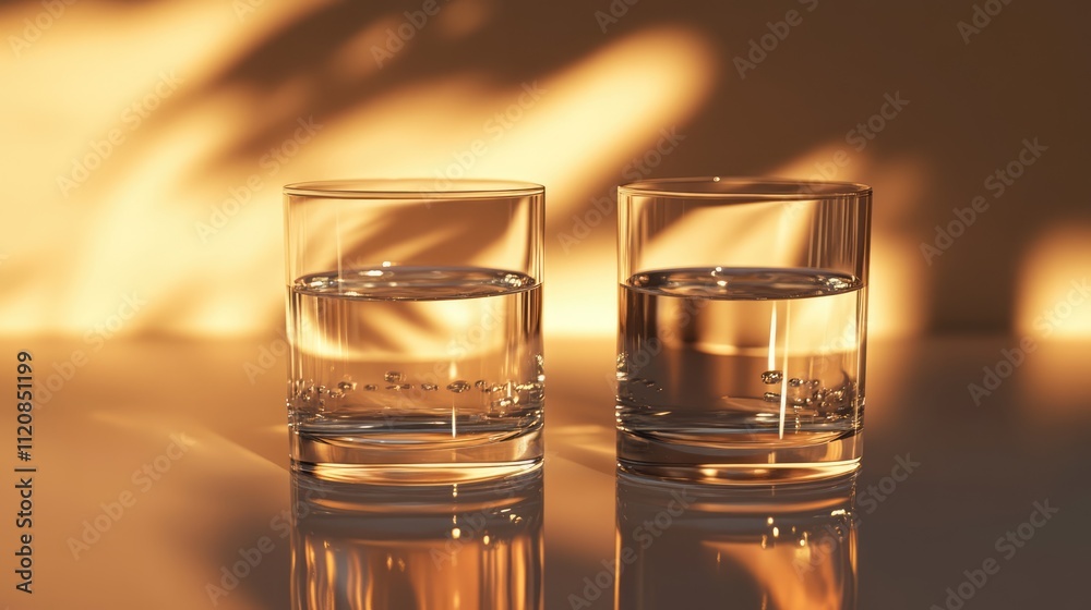 Aufkleber Two clear glasses of water reflecting warm light against a softly illuminated background creating a serene and tranquil atmosphere.
