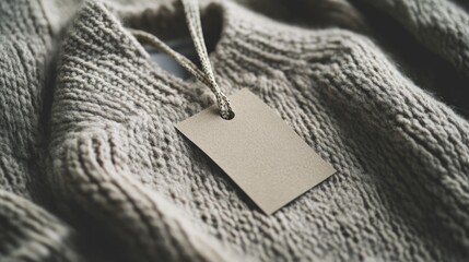 Clothing composition label attached to a warm knitted sweater on a textured fabric background
