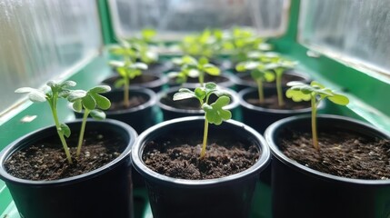 Sprouting young seedlings nurtured in greenhouse pots promoting healthy plant growth and sustainable gardening practices
