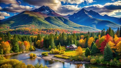 Obraz premium Breathtaking Mountain Range Vista of the Mahoosuc Range in Maine, Showcasing Majestic Peaks, Lush Green Forests, and Clear Blue Skies - Perfect for Nature Lovers and Adventure Seekers