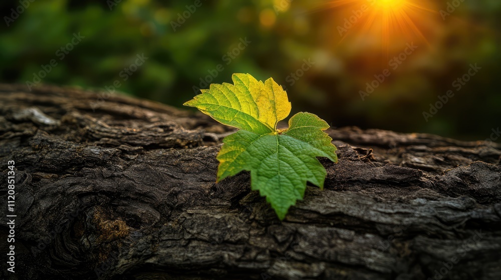 Poster vibrant grapevine leaf emerging from an aged trunk illuminated by golden hour sunlight in a serene v