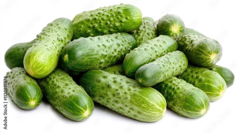 Poster fresh cucumbers arranged in a pile showcasing their vibrant green color and textured skin on a clean