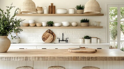 A contemporary farmhouse kitchen with butcher block countertops, white subway tiles, and open rustic wooden shelves adorned with fresh green plants, industrial pendant lights casting a warm glow,