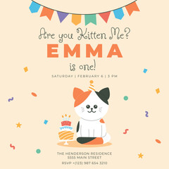 Greeting and invitation for kids first Birthday party. Cute baby cat and cake in flat childrens style. Vector illustration, design for card, poster, event, prints