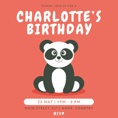 Greeting and invitation for girls Birthday party. Cute baby animal panda in flat childrens style. Vector illustration, design for card, poster, event, prints