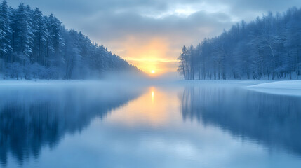 Fototapeta premium Serene winter sunrise over a calm lake, snow-covered trees mirroring in still water.