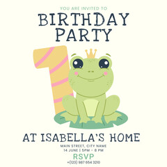 Greeting and invitation for kids first Birthday party. Cute baby frog and one in flat childrens style. Vector illustration, design for card, poster, event, prints. Pastel colors