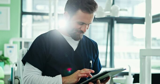 Thinking, man or dentist in office with tablet, research or checking online schedule on website. Healthcare, technician and dental hygienist in clinic with digital app for report, results or planning