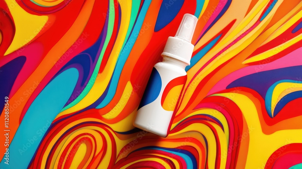 Aufkleber Glossy glue bottle on vibrant abstract colorful background with swirling patterns and bold hues creating a playful artistic atmosphere