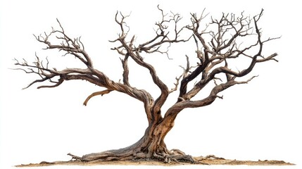 Fototapeta premium Dry twisted tree with bare branches isolated on a white background symbolizing resilience and the passage of time in nature.