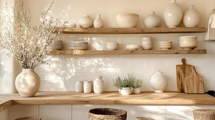 A contemporary rustic kitchen with butcher block counters, bright subway tiles, open wooden shelves decorated with plants and ceramics, cozy lighting,