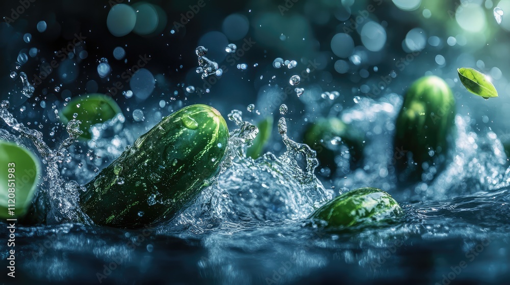 Aufkleber Fresh cucumbers splashing into water with dynamic sprays and droplets creating a vibrant and refreshing visual effect