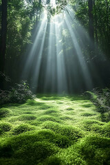 Obraz premium Sunbeams illuminate lush green moss carpet in a tranquil forest.