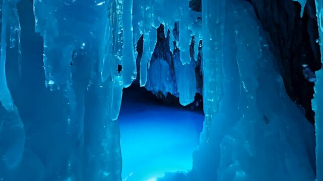 A stunning ice cave with blue icicles and shimmering light effects.