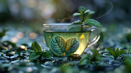 A soothing cup of peppermint tea topped with heart-shaped mint leaves, symbolizing freshness, love, and the calming ritual of herbal tea.  
