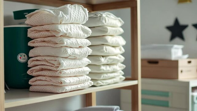 Neatly Stacked Cloth Diapers on a Shelf in a Nursery