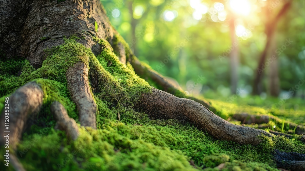 Aufkleber moss covered tree roots illuminated by sunlight in a lush tropical forest setting