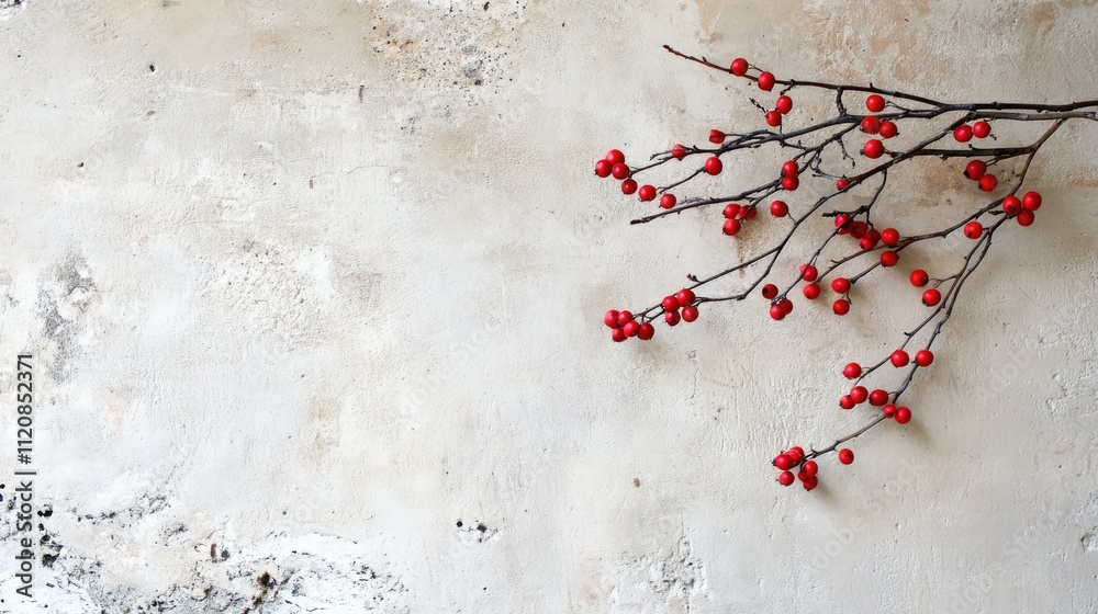 Poster hawthorn branch with vibrant red berries displaying natural beauty on a soft light textured backgrou