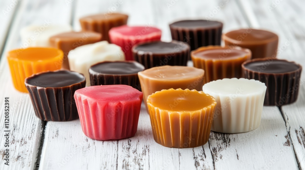 Aufkleber multicolored caramel candy cups arranged on a rustic white wooden surface for a delightful close-up 