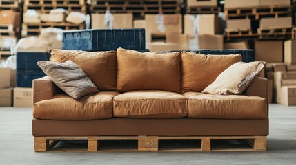 Stylish sofa on pallets in a warehouse filled with boxes ready for international shipping and logistics preparation