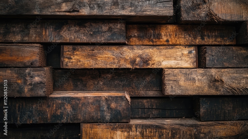 Poster Close-up of stacked rustic wooden boards showcasing rich textures and grain patterns ideal for carpentry and interior design projects