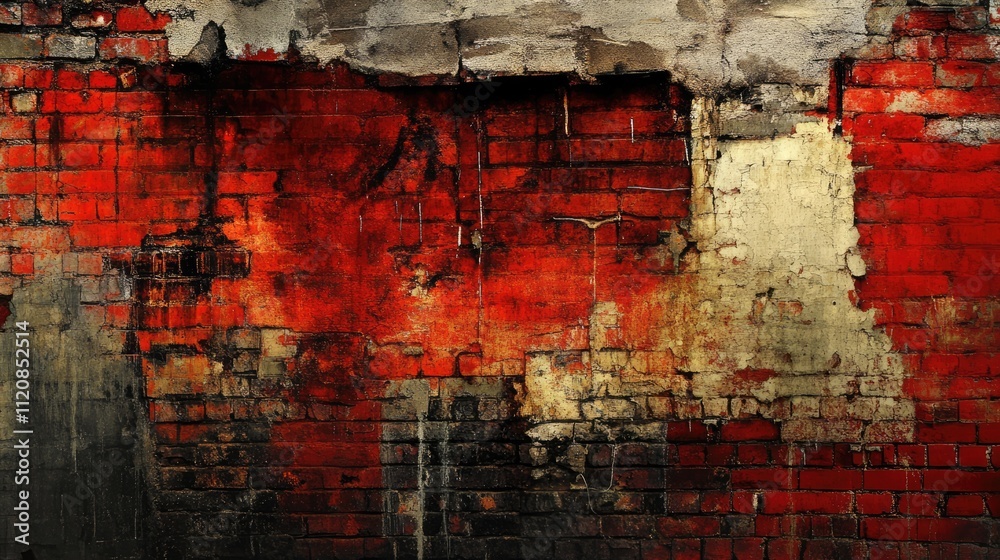 Poster weathered red brick wall with peeling paint and textured surface for urban design and artistic backg
