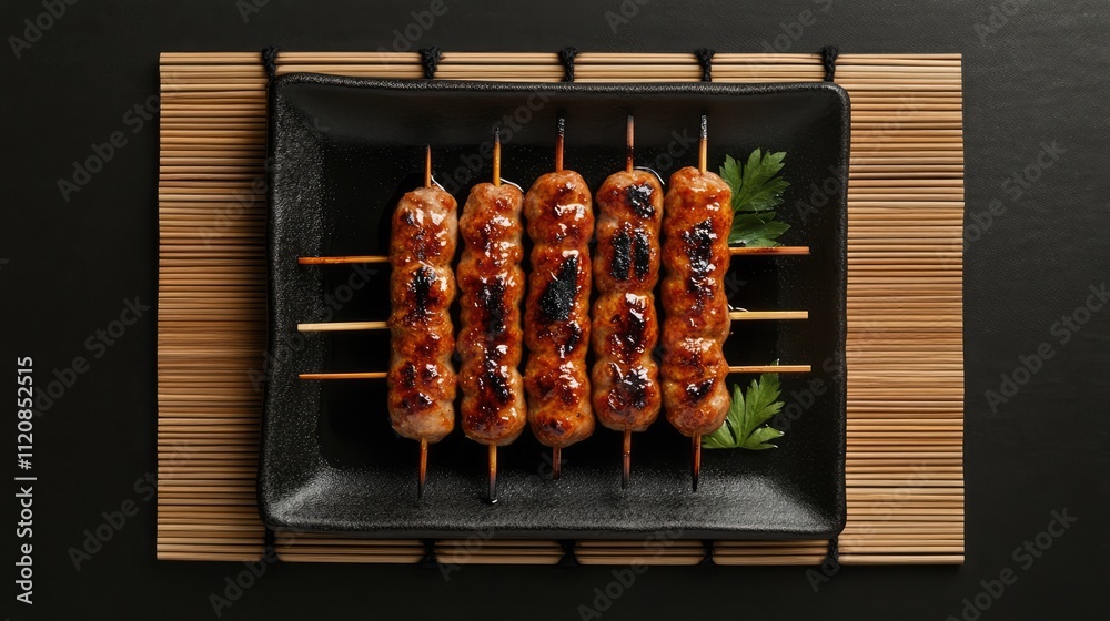 Poster grilled skewered sausages plated on a square dish with a wooden mat for an appealing presentation an