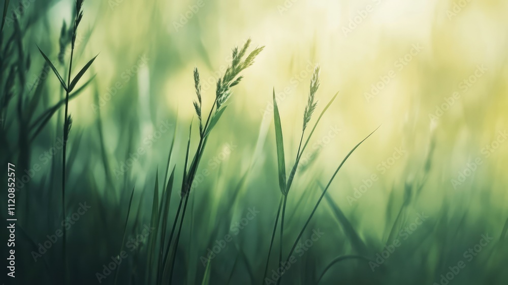 Poster soft focus green grass texture with vintage hues creating a serene natural ambiance suitable for bac