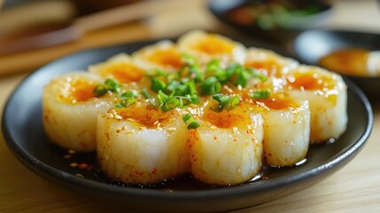 Korean Songpyeon Rice Cake with Honey Filling and Garnished with Green Onions on a Black Plate