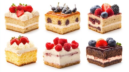 Assorted fruit sponge cakes displayed on a white background showcasing a variety of toppings and flavors perfect for dessert promotions.