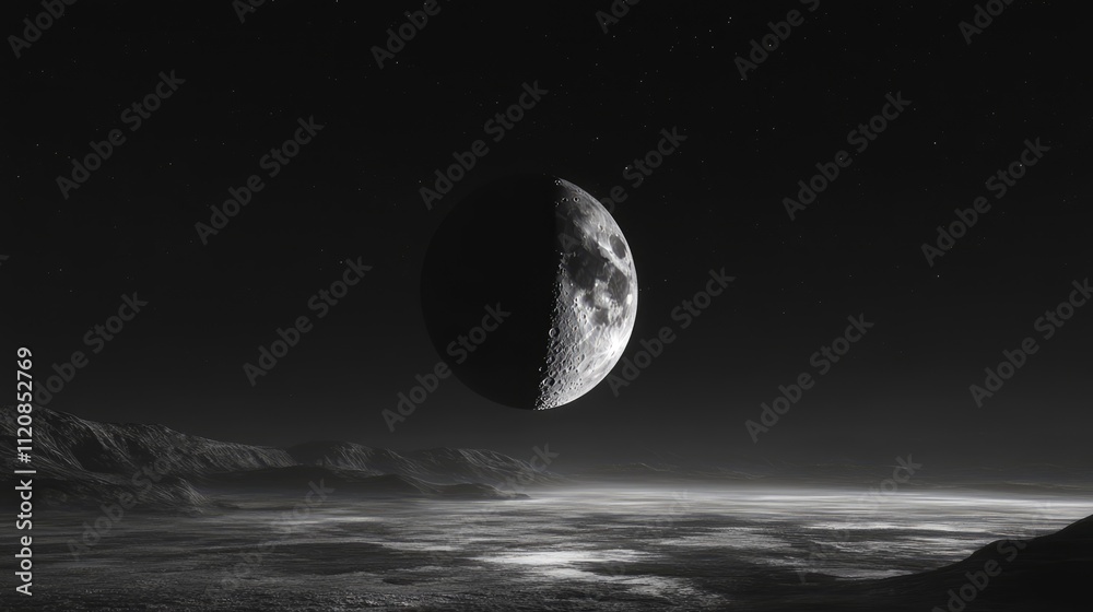 Poster half moon at quarter phase against a black sky with distant mountains creating a serene celestial la