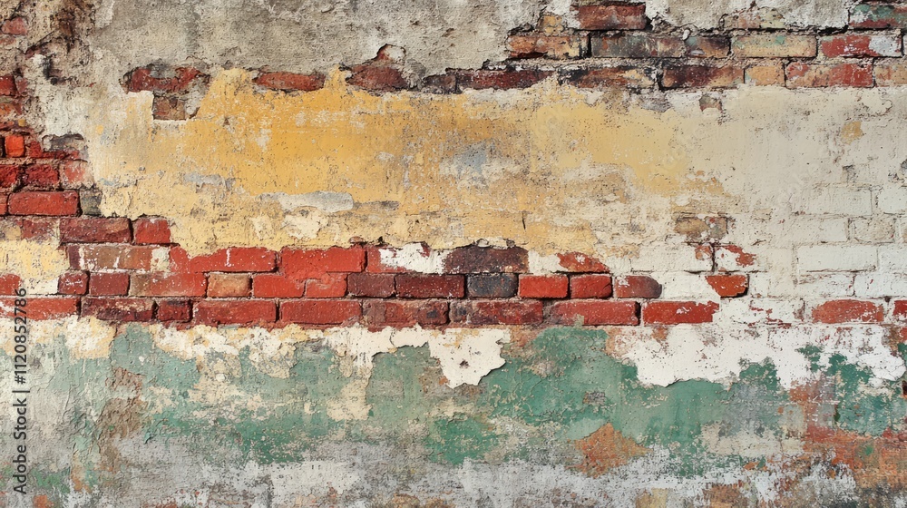 Poster vintage distressed brick wall texture with peeling paint for use in backgrounds or design projects.