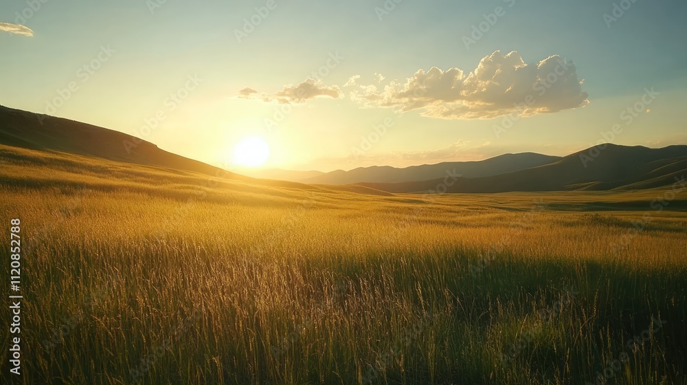 Poster golden hour over grassy yellowstone field with rolling hills and soft clouds illuminating the landsc