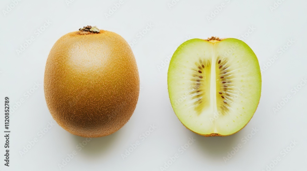 Poster golden kiwi fruit whole and half isolated on a clean white background showcasing its unique texture 