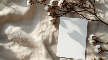 Elegant menu card mockup featuring a dried cotton branch on textured linen surface 4x9 ratio for branding and design showcases.