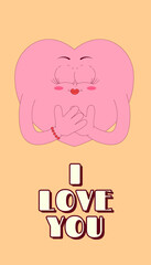 Vertical stories template with lovely heart character in retro groovy style. Social media post with psychedelic mascot. I Love you. Vector poster