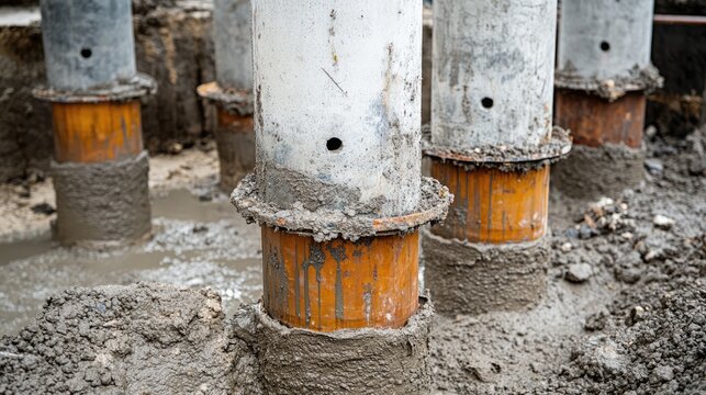 Reinforced concrete piles with fresh grouting at industrial construction site for new shopping mall foundation in urban setting