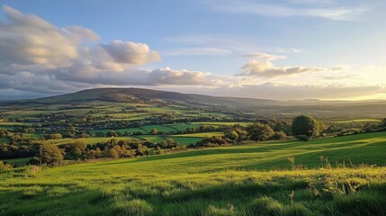 Obraz premium Scenic landscape of lush green hills and dramatic clouds under a vibrant blue sky during the golden hour of sunset