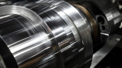 Fototapeta premium Metal sheet rolls being processed in a modern manufacturing facility showcasing industrial machinery and precision engineering