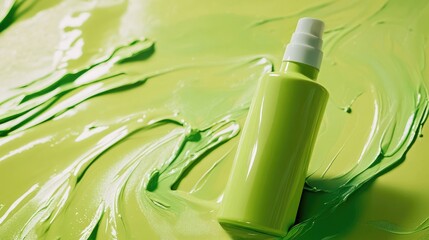 Greenwashing concept with green paint and cosmetics bottle highlighting environmental marketing disinformation and non-transparent green sheen