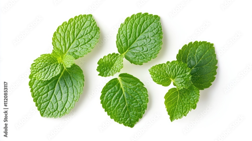 Poster fresh mint leaves arranged on a clean white background showcasing their vibrant green color and uniq
