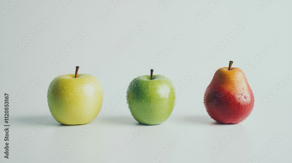 Poster fresh green and red apples alongside a ripe pear showcasing vibrant colors and textures on a clean w