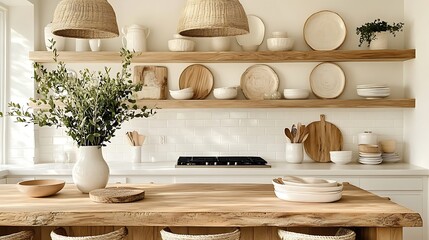 A cozy modern farmhouse kitchen with butcher block counters, white subway tiles, wooden shelves featuring fresh greenery and decorative plates, industrial pendant lights,