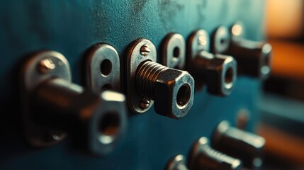Close up of metallic bolts and nuts in an electrical switchboard highlighting industrial connections and hardware details