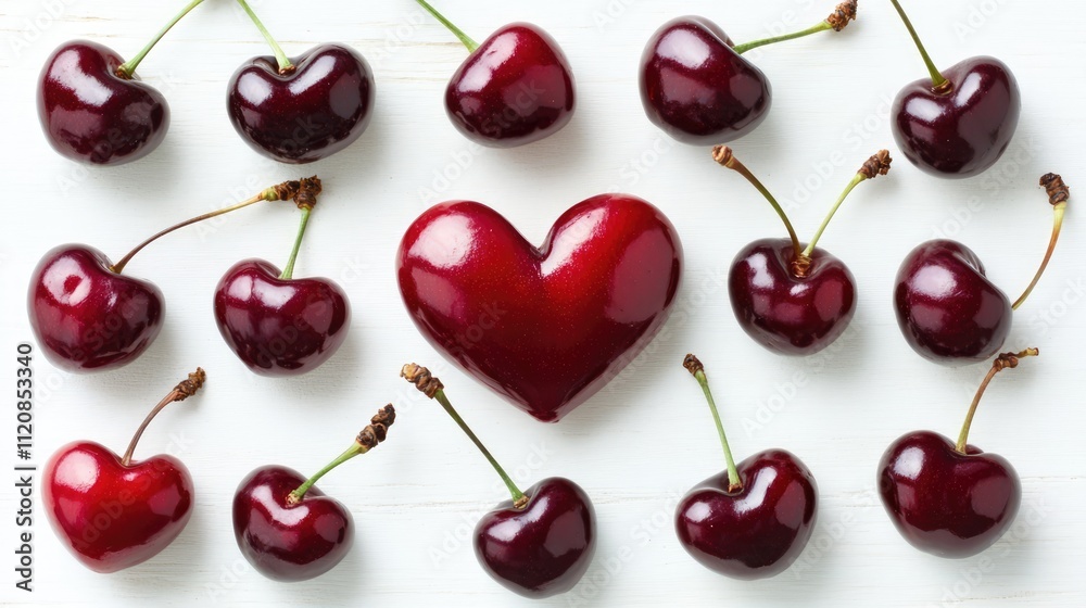 Poster fresh cherries arranged in heart shapes on a white background symbolizing love and nature's bounty i